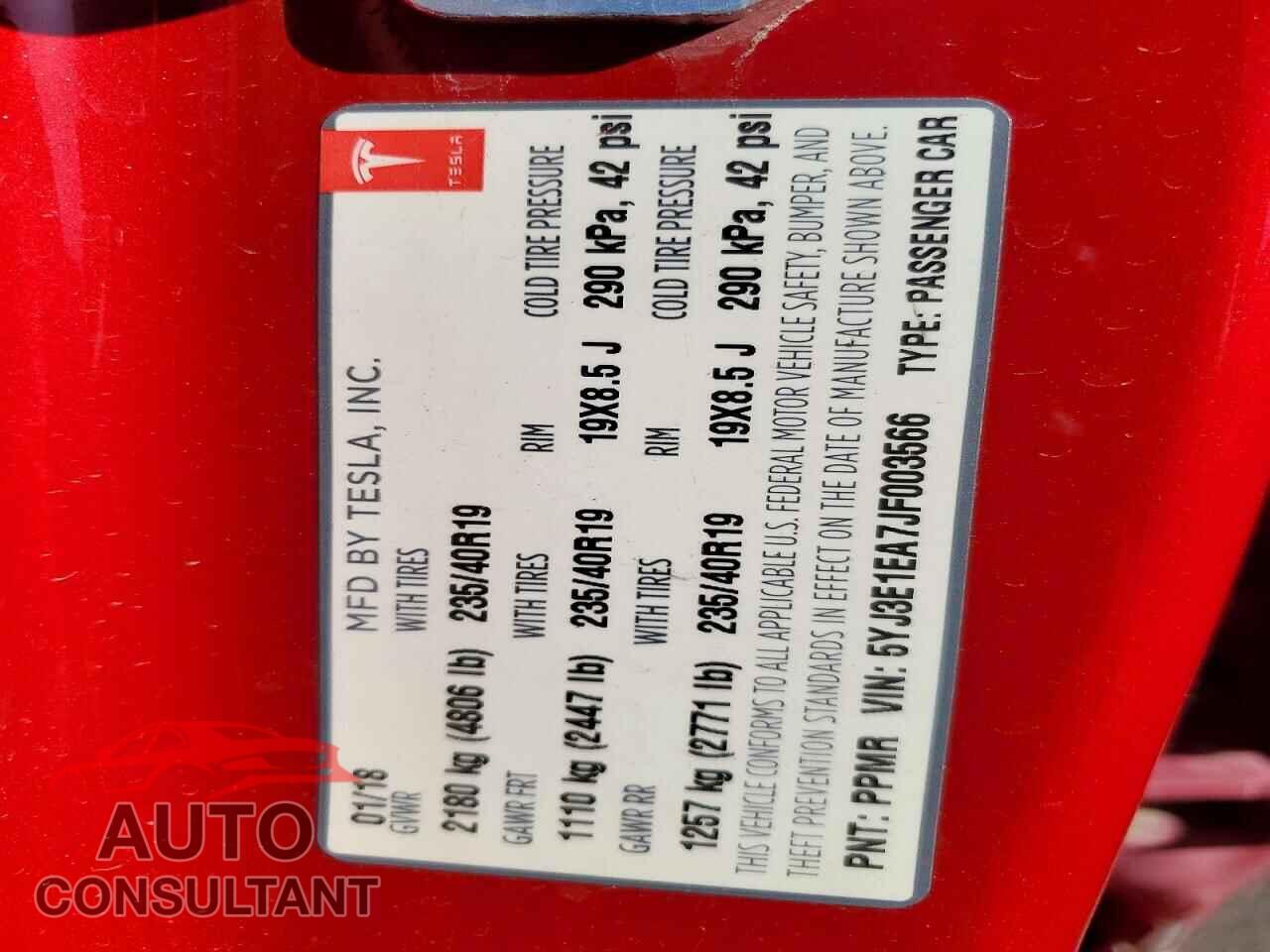 TESLA MODEL 3 2018 - 5YJ3E1EA7JF003566
