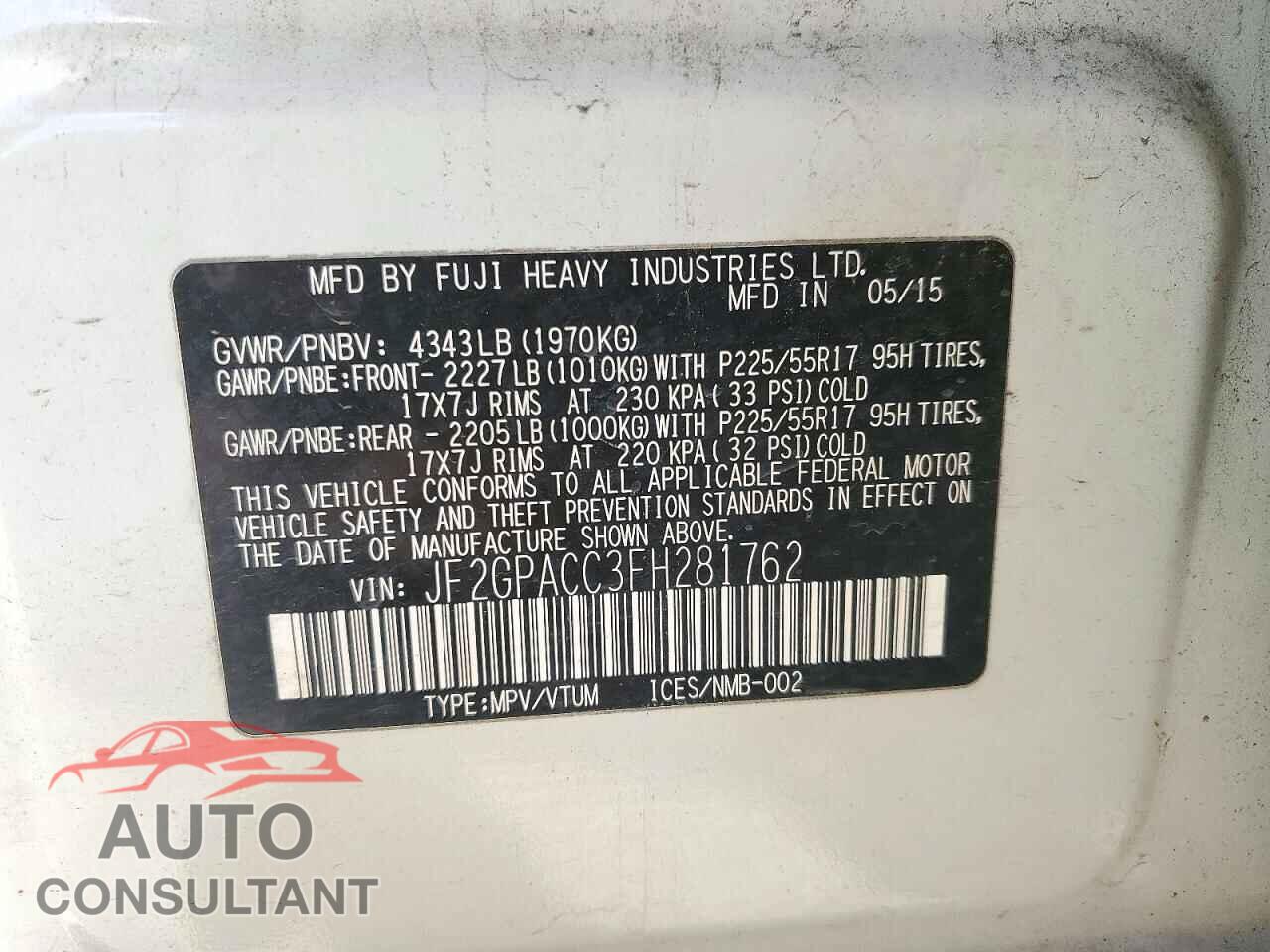 SUBARU XV 2015 - JF2GPACC3FH281762