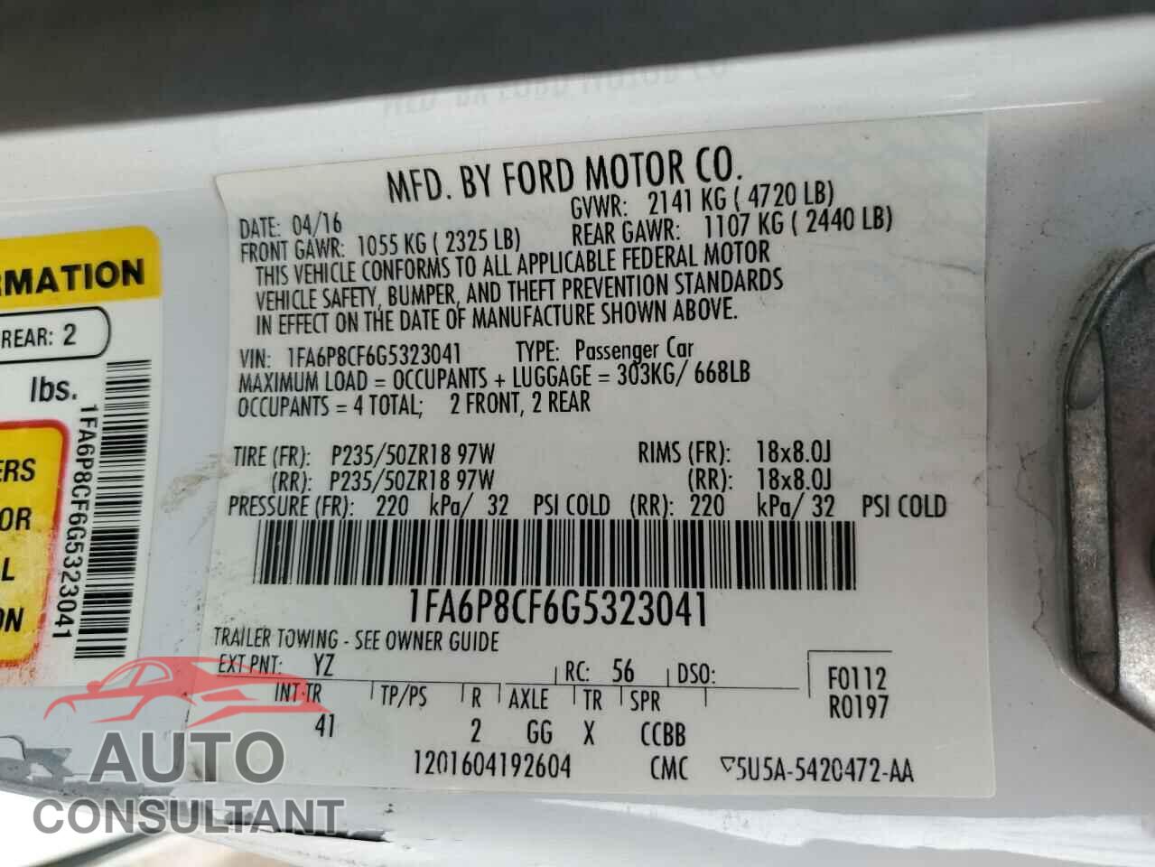FORD MUSTANG 2016 - 1FA6P8CF6G5323041