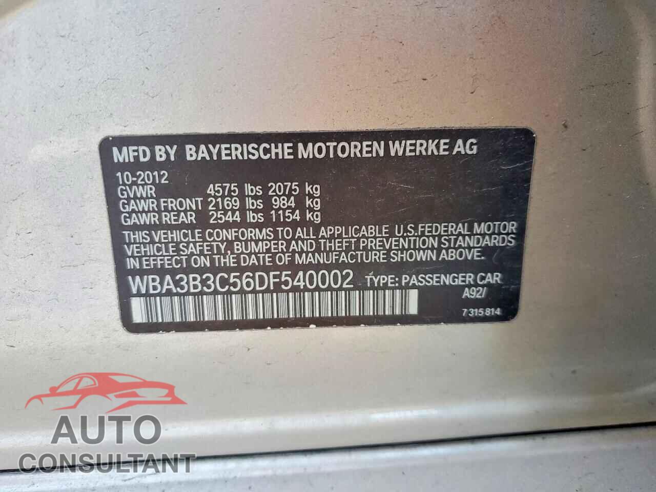 BMW 3 SERIES 2013 - WBA3B3C56DF540002