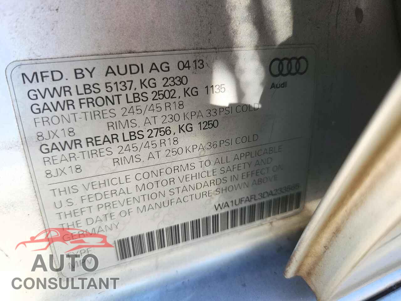 AUDI A4 2013 - WA1UFAFL3DA233565