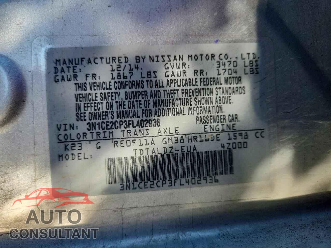 NISSAN VERSA 2015 - 3N1CE2CP3FL402936
