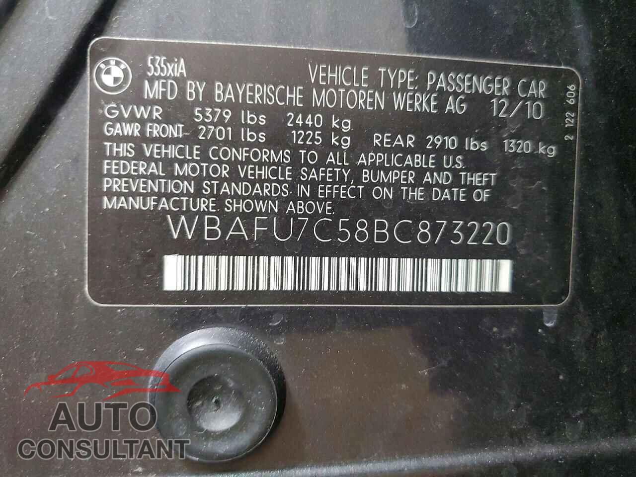BMW 5 SERIES 2011 - WBAFU7C58BC873220