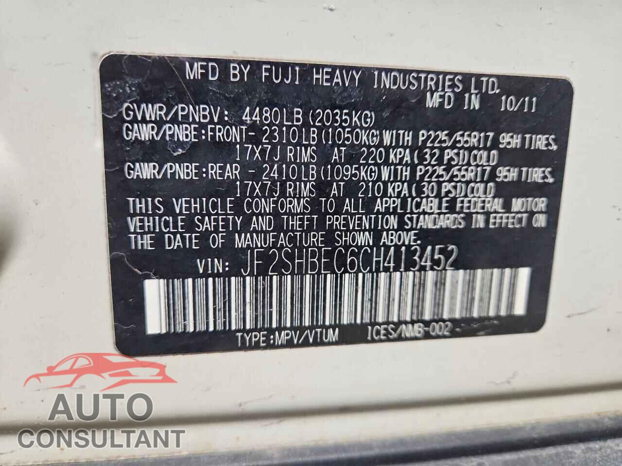 SUBARU FORESTER 2012 - JF2SHBEC6CH413452
