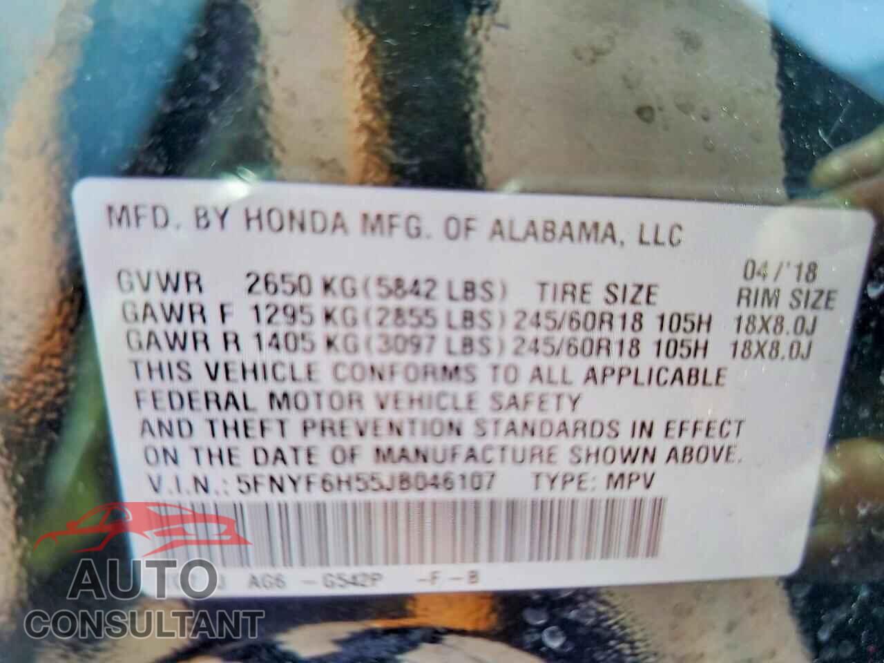 HONDA PILOT 2018 - 5FNYF6H55JB046107