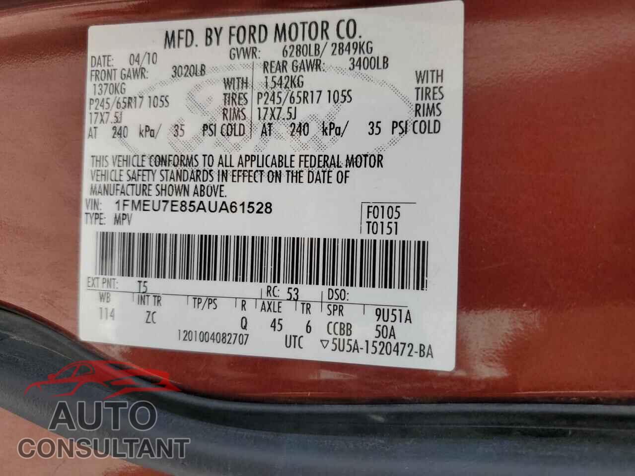 FORD EXPLORER 2010 - 1FMEU7E85AUA61528
