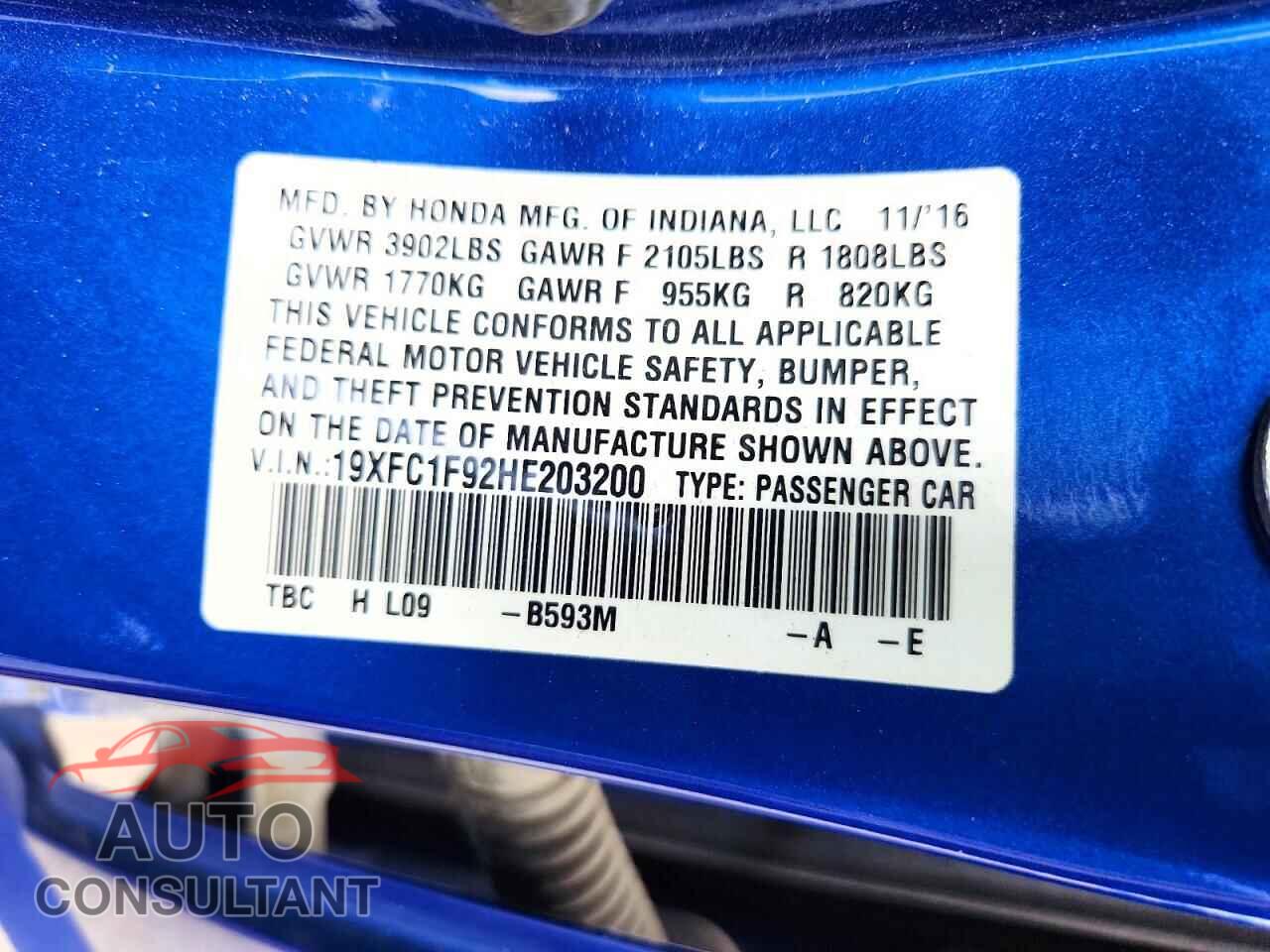 HONDA CIVIC 2017 - 19XFC1F92HE203200