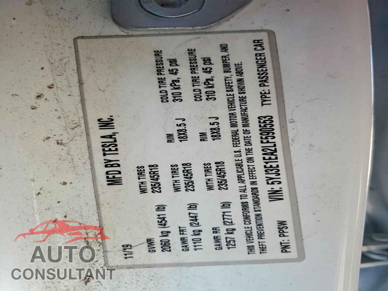 TESLA MODEL 3 2020 - 5YJ3E1EA2LF590553