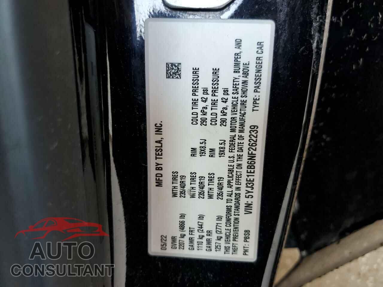 TESLA MODEL 3 2022 - 5YJ3E1EB6NF262239