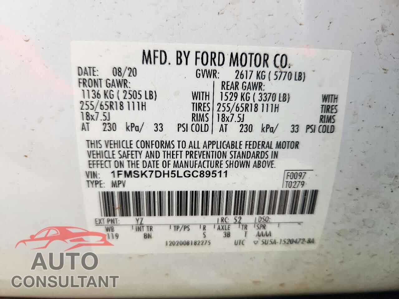 FORD EXPLORER 2020 - 1FMSK7DH5LGC89511
