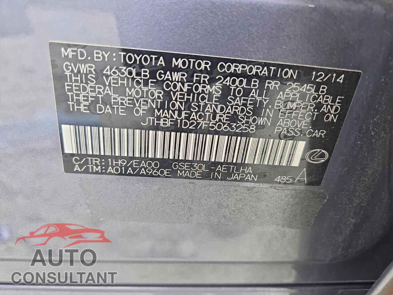 LEXUS IS 2015 - JTHBF1D27F5063258