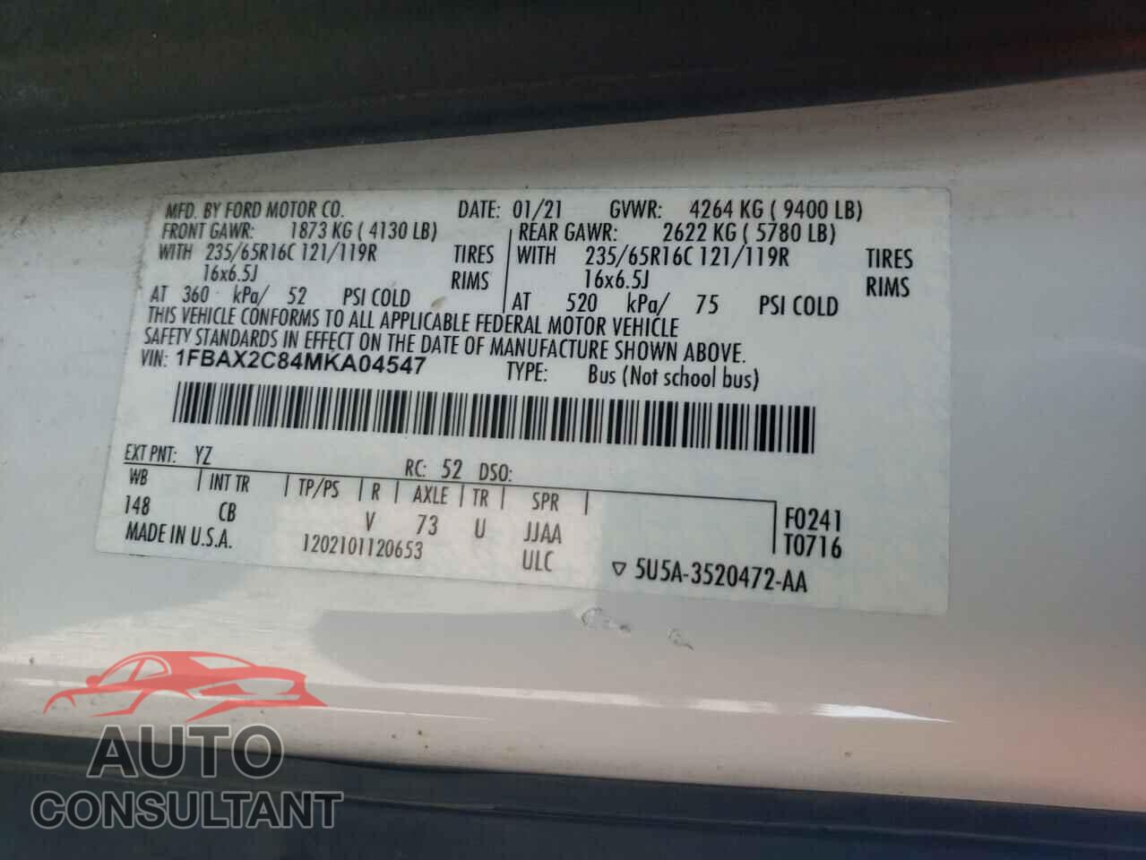 FORD TRANSIT 2021 - 1FBAX2C84MKA04547