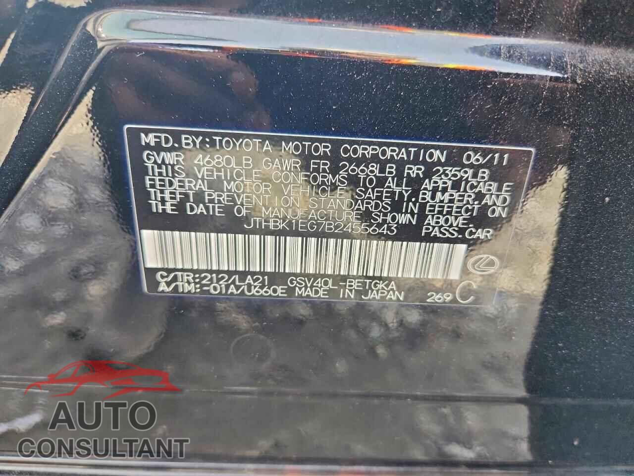 LEXUS ES350 2011 - JTHBK1EG7B2455643