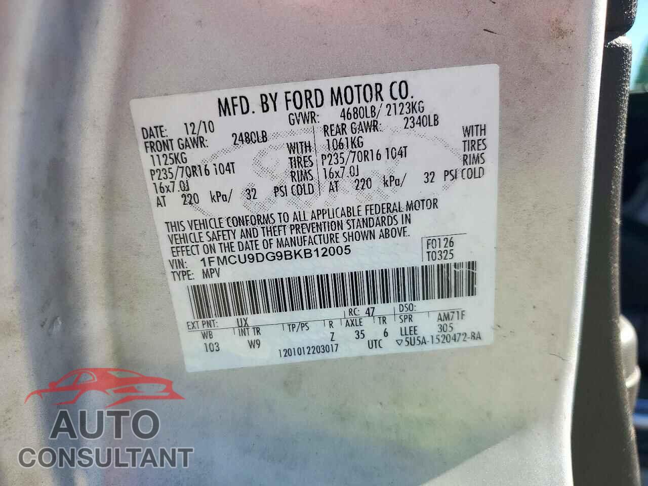 FORD ESCAPE 2011 - 1FMCU9DG9BKB12005