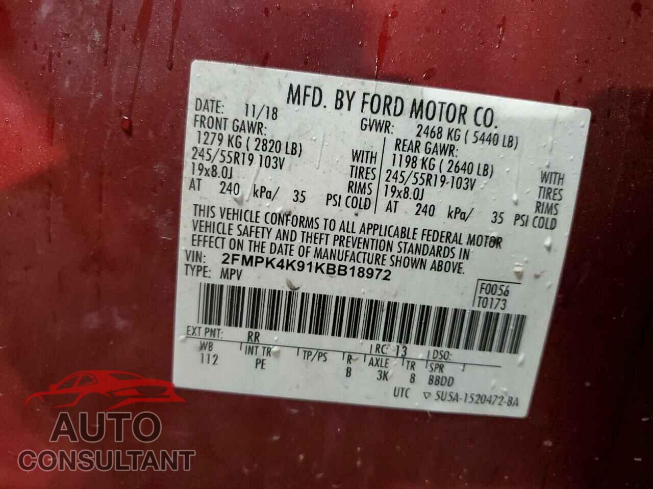 FORD EDGE 2019 - 2FMPK4K91KBB18972