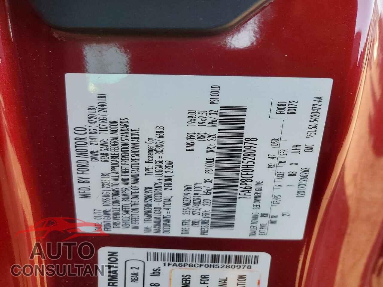 FORD MUSTANG 2017 - 1FA6P8CF0H5280978
