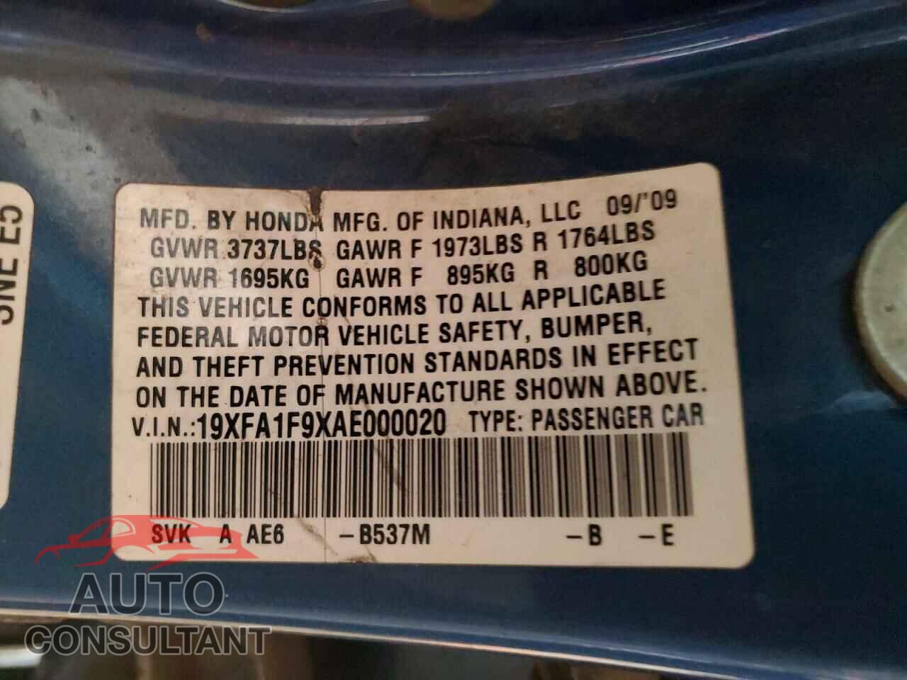 HONDA CIVIC 2010 - 19XFA1F9XAE000020