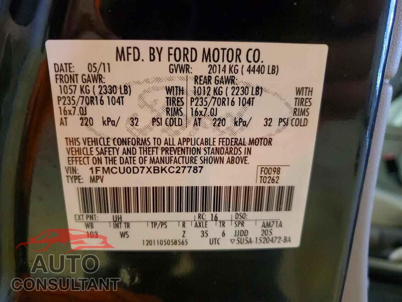FORD ESCAPE 2011 - 1FMCU0D7XBKC27787