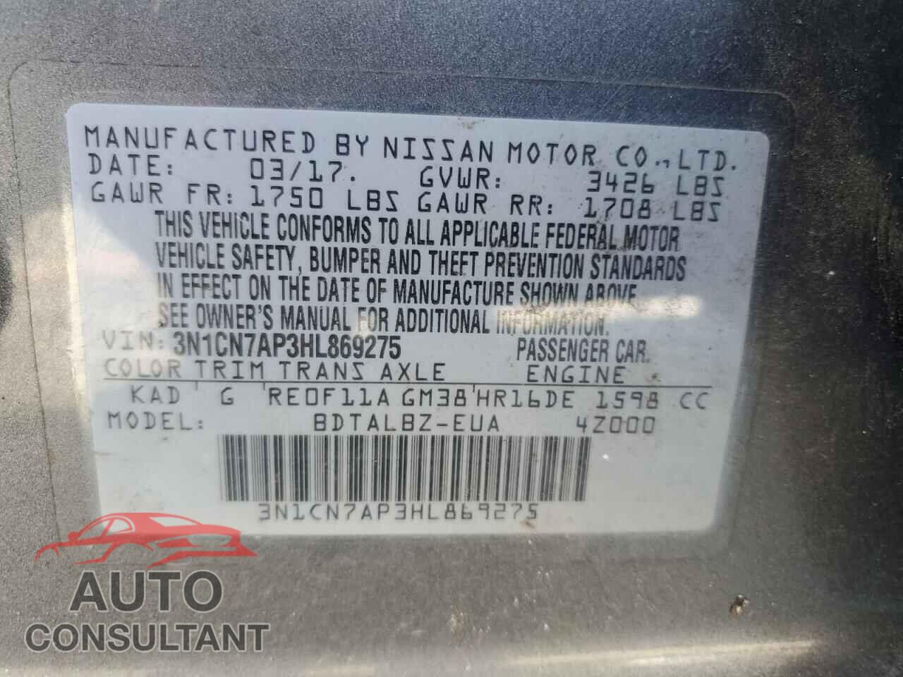NISSAN VERSA 2017 - 3N1CN7AP3HL869275