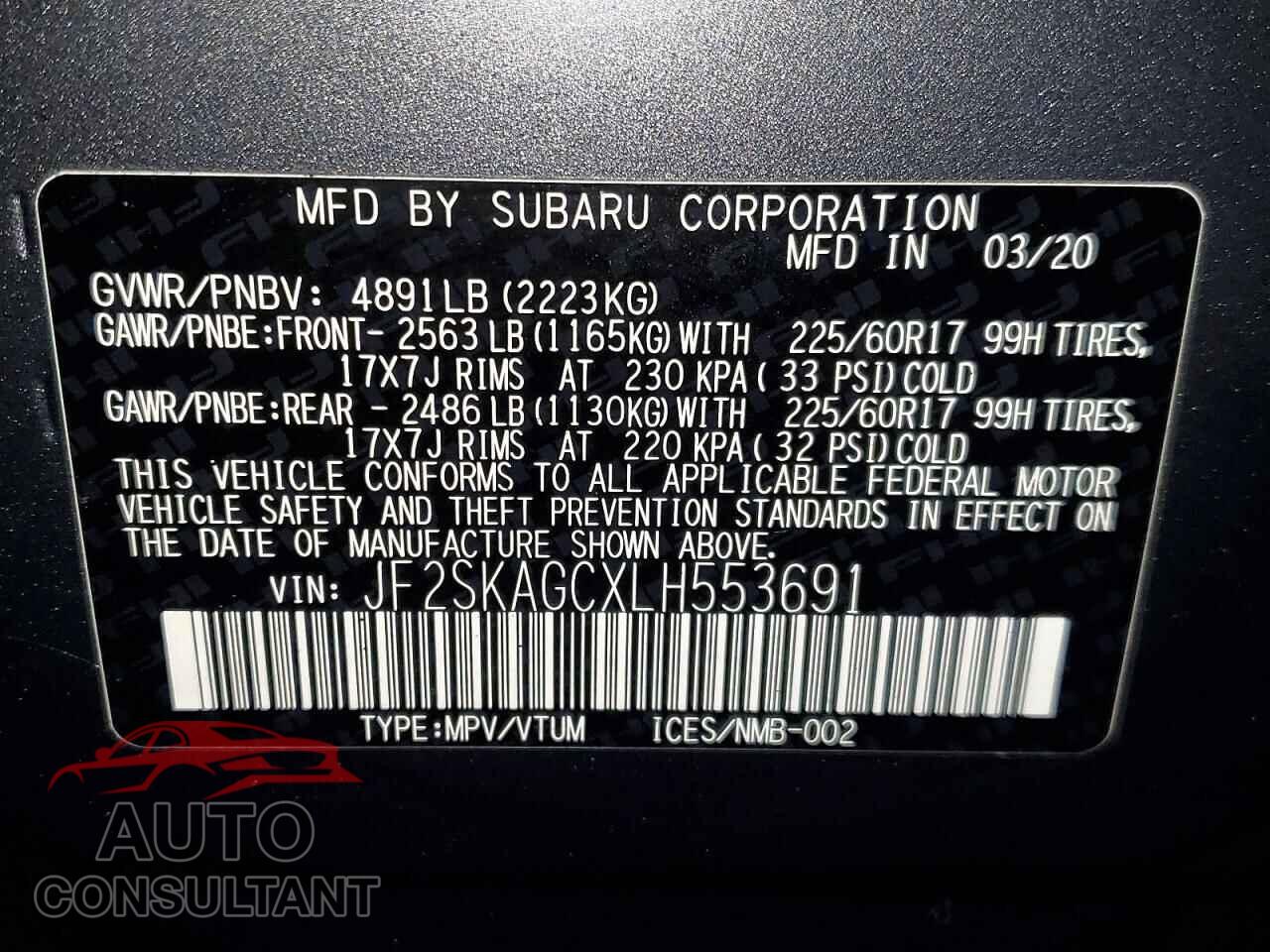 SUBARU FORESTER 2020 - JF2SKAGCXLH553691