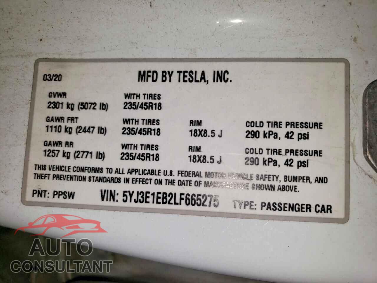 TESLA MODEL 3 2020 - 5YJ3E1EB2LF665275