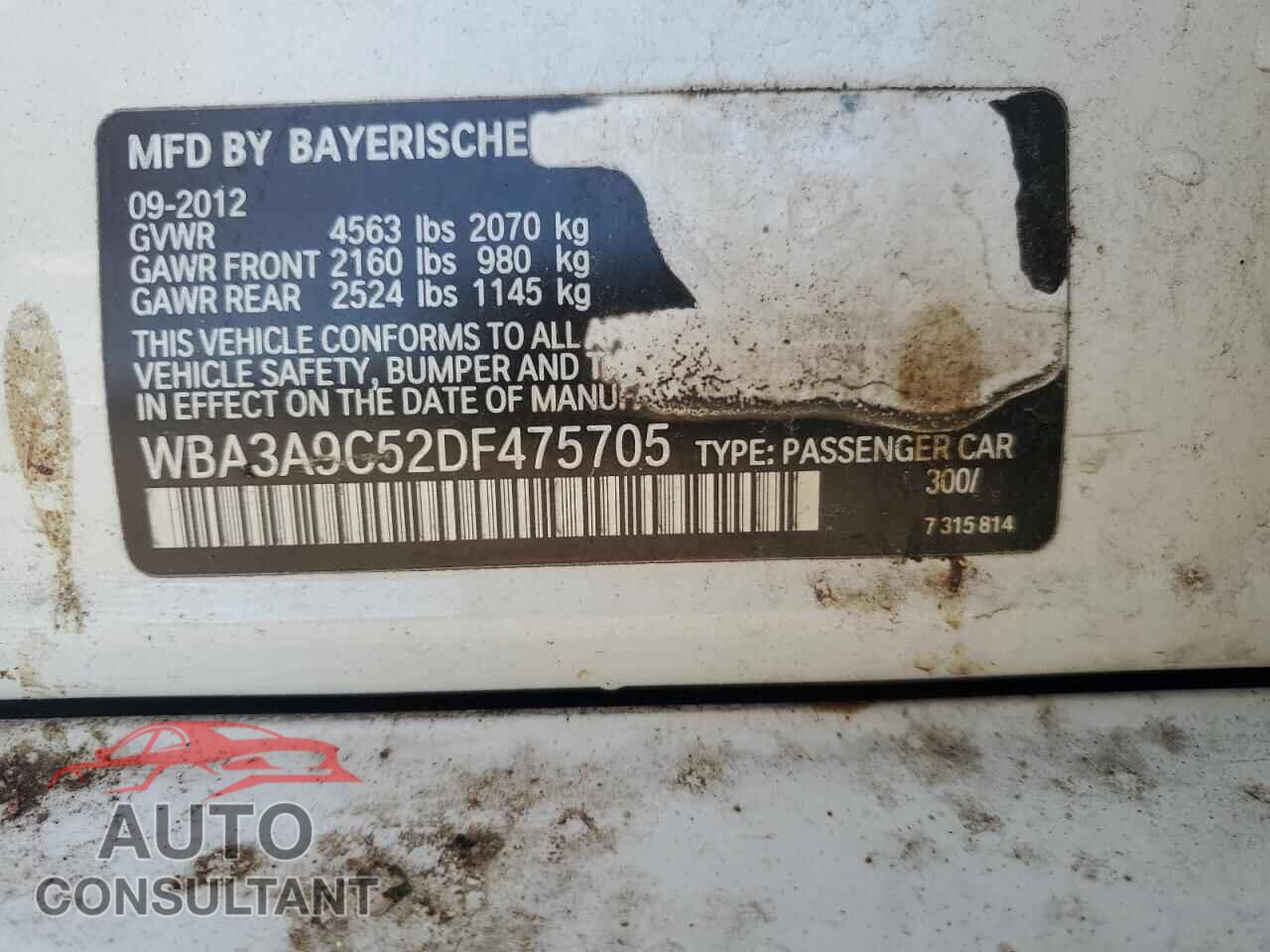 BMW 3 SERIES 2013 - WBA3A9C52DF475705