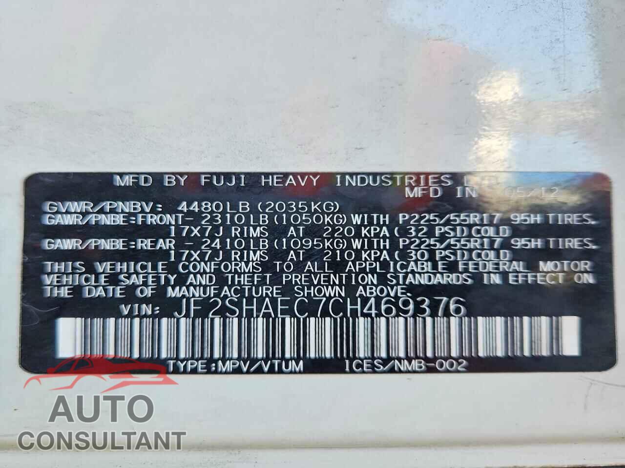 SUBARU FORESTER 2012 - JF2SHAEC7CH469376