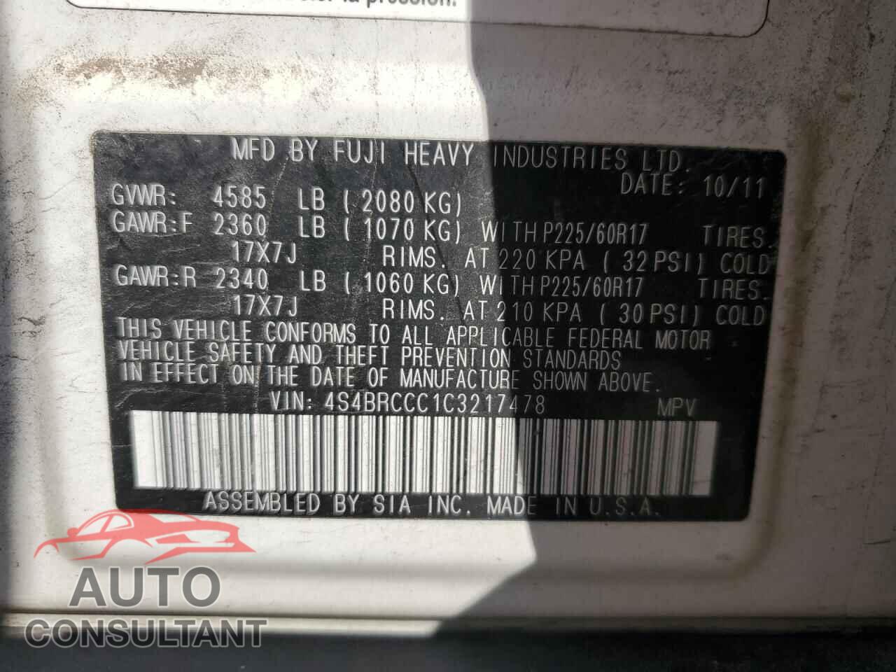 SUBARU OUTBACK 2012 - 4S4BRCCC1C3217478