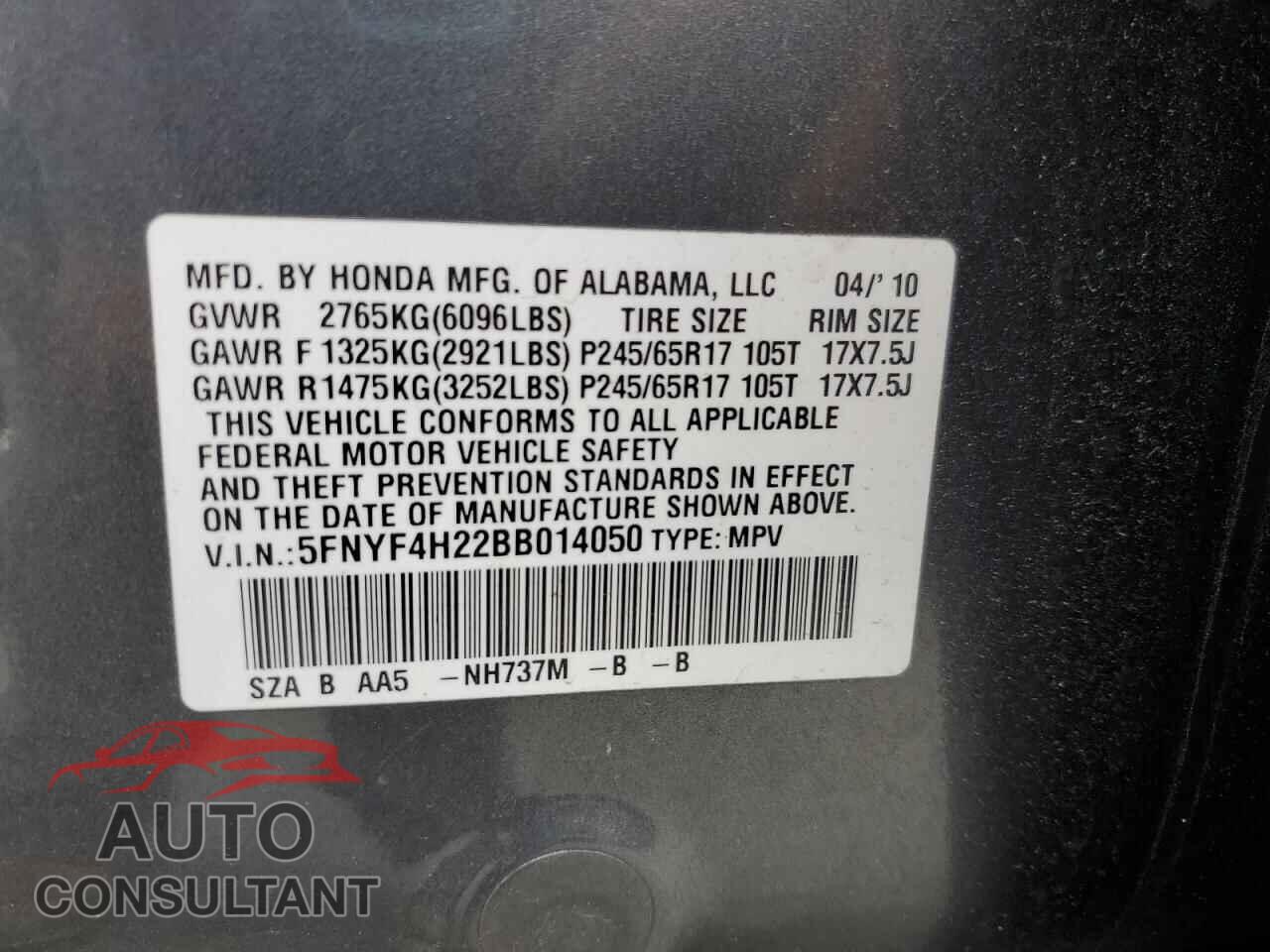 HONDA PILOT 2011 - 5FNYF4H22BB014050