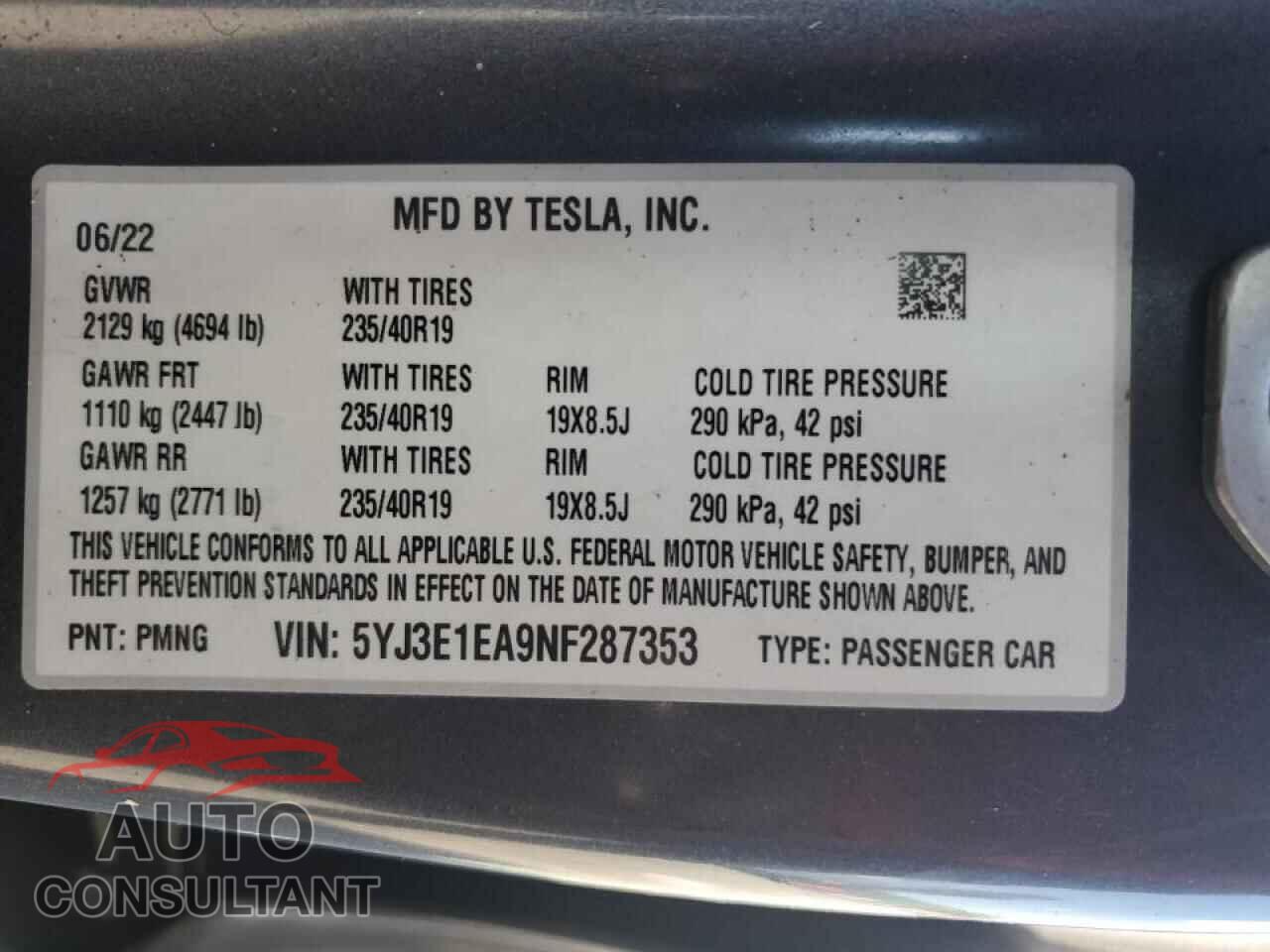 TESLA MODEL 3 2022 - 5YJ3E1EA9NF287353
