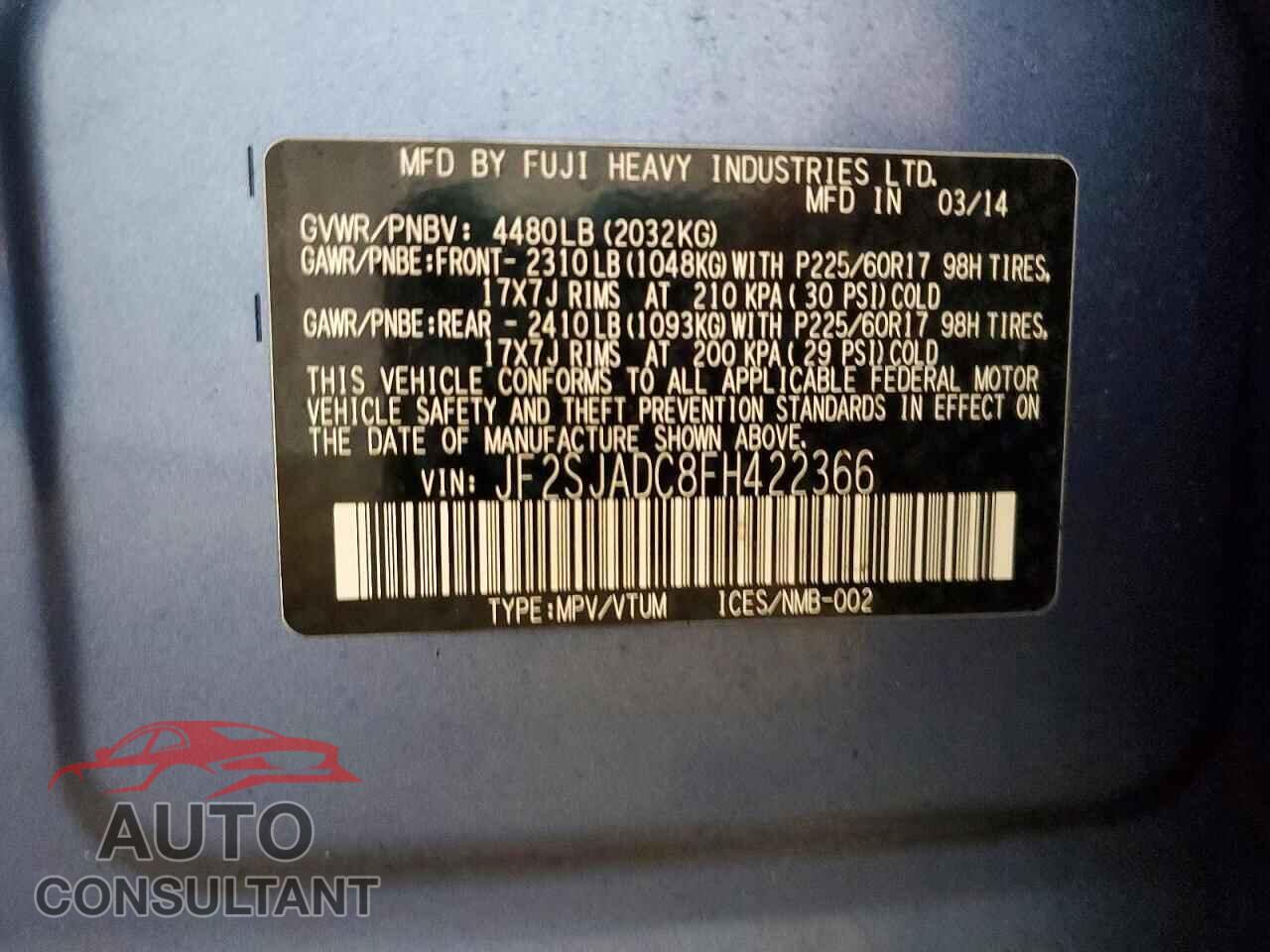 SUBARU FORESTER 2015 - JF2SJADC8FH422366