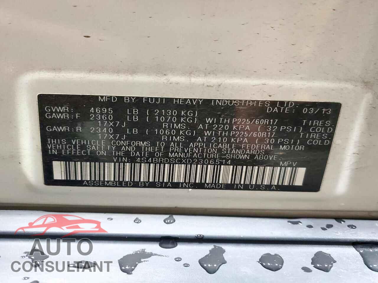 SUBARU OUTBACK 2013 - 4S4BRDSCXD2306514