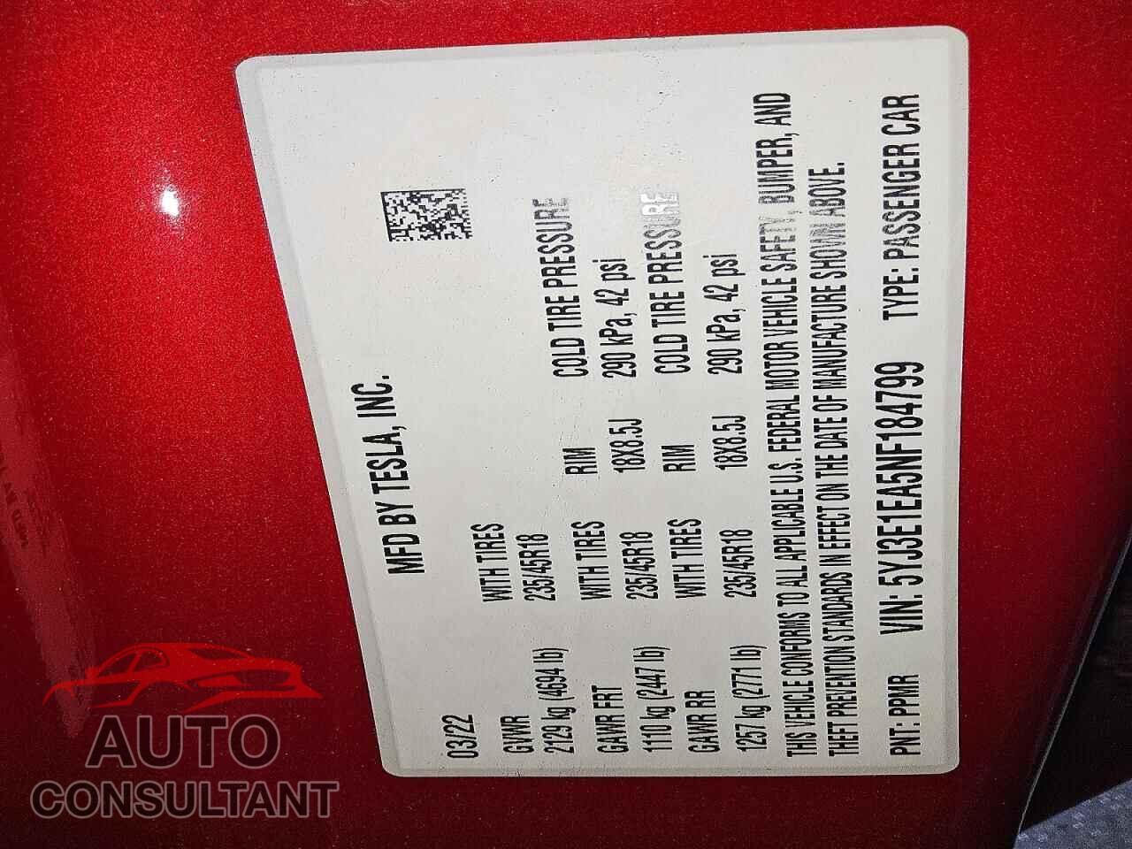 TESLA MODEL 3 2022 - 5YJ3E1EA5NF184799