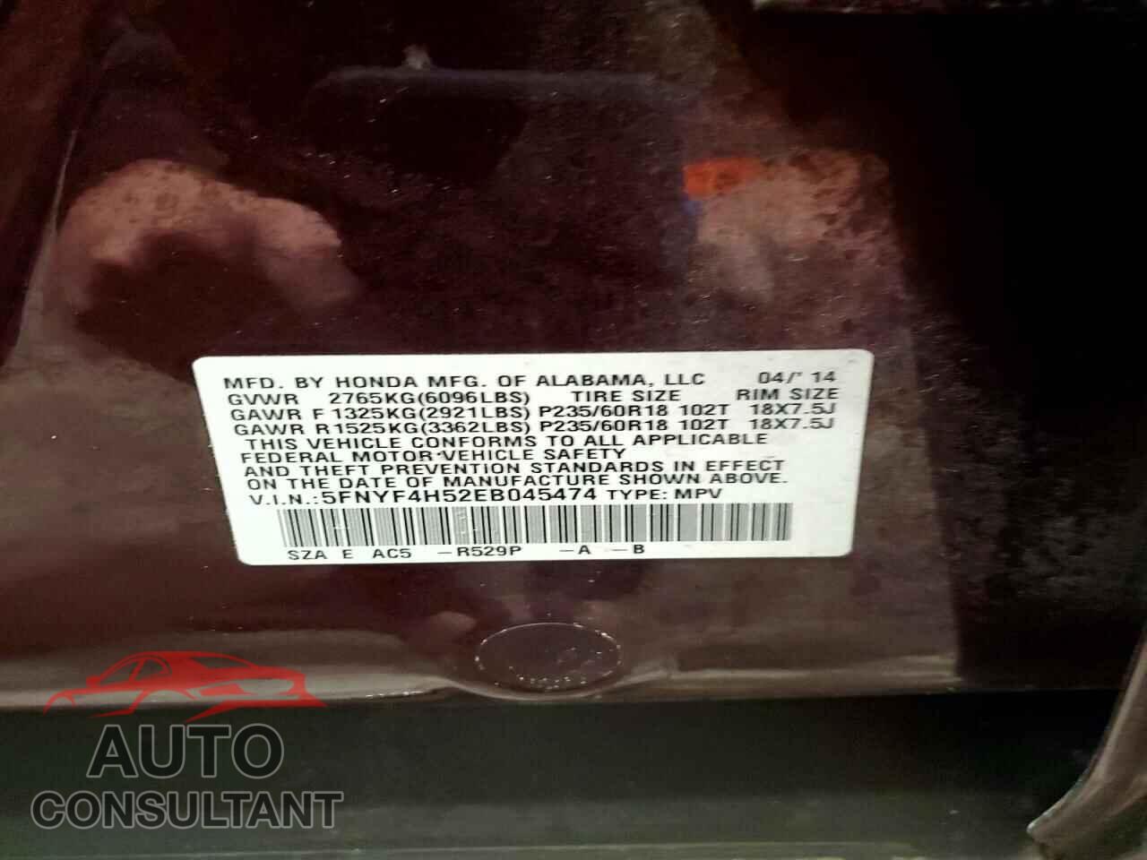 HONDA PILOT 2014 - 5FNYF4H52EB045474