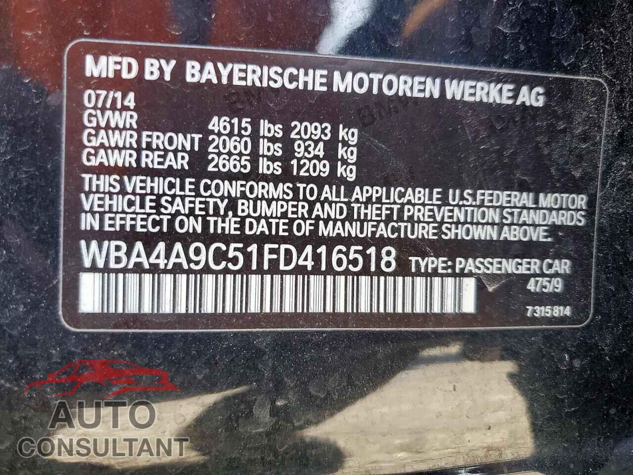 BMW 4 SERIES 2015 - WBA4A9C51FD416518