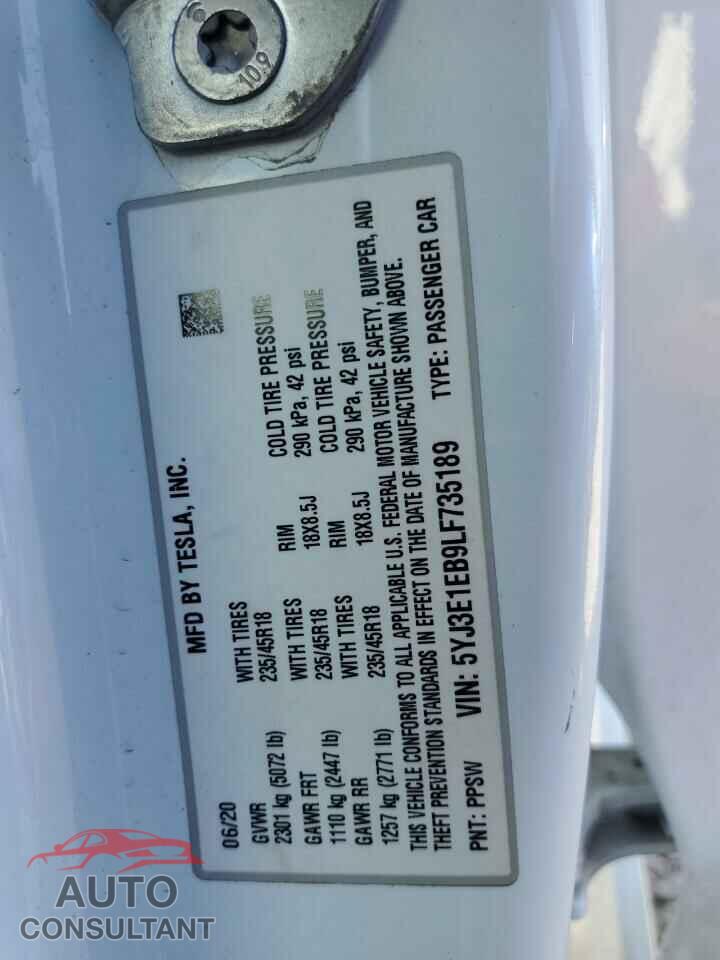 TESLA MODEL 3 2020 - 5YJ3E1EB9LF735189
