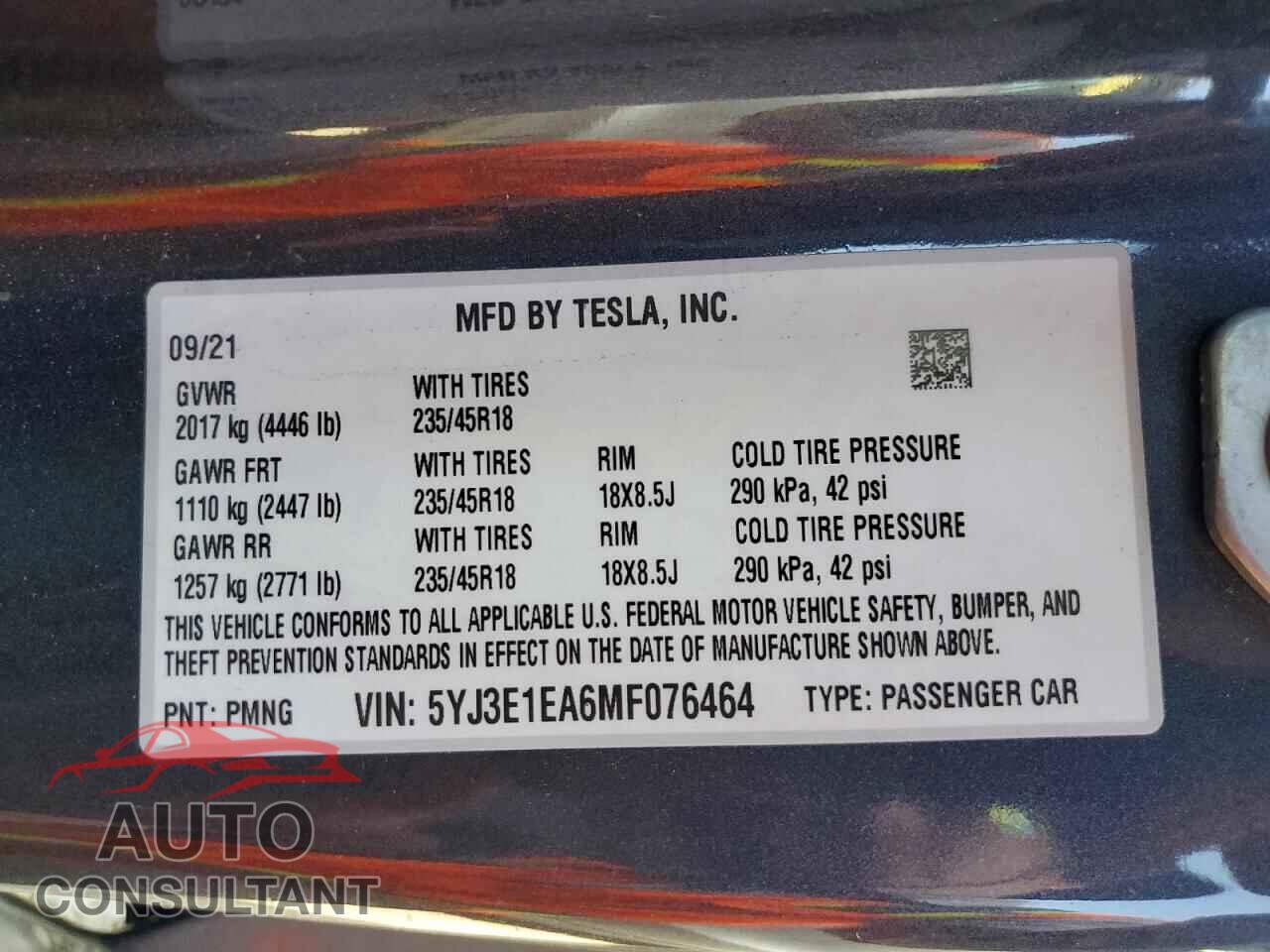 TESLA MODEL 3 2021 - 5YJ3E1EA6MF076464