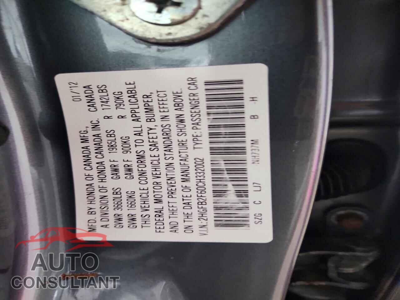 HONDA CIVIC 2012 - 2HGFB2F60CH332002