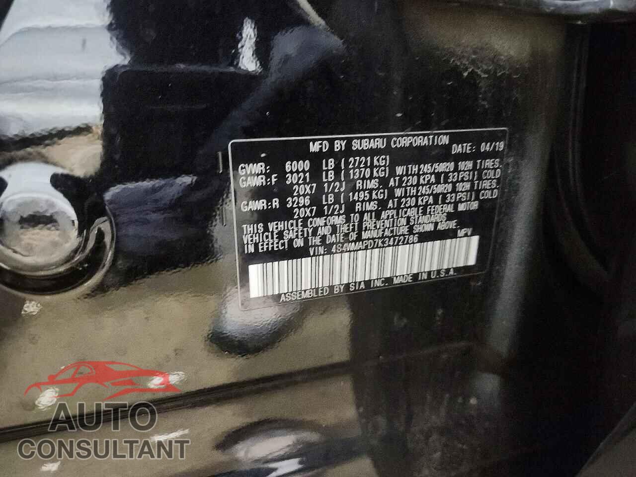 SUBARU ASCENT 2019 - 4S4WMAPD7K3472786