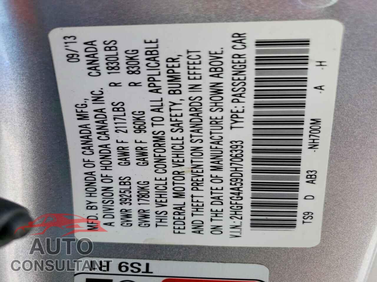 HONDA CIVIC 2013 - 2HGFG4A59DH706393