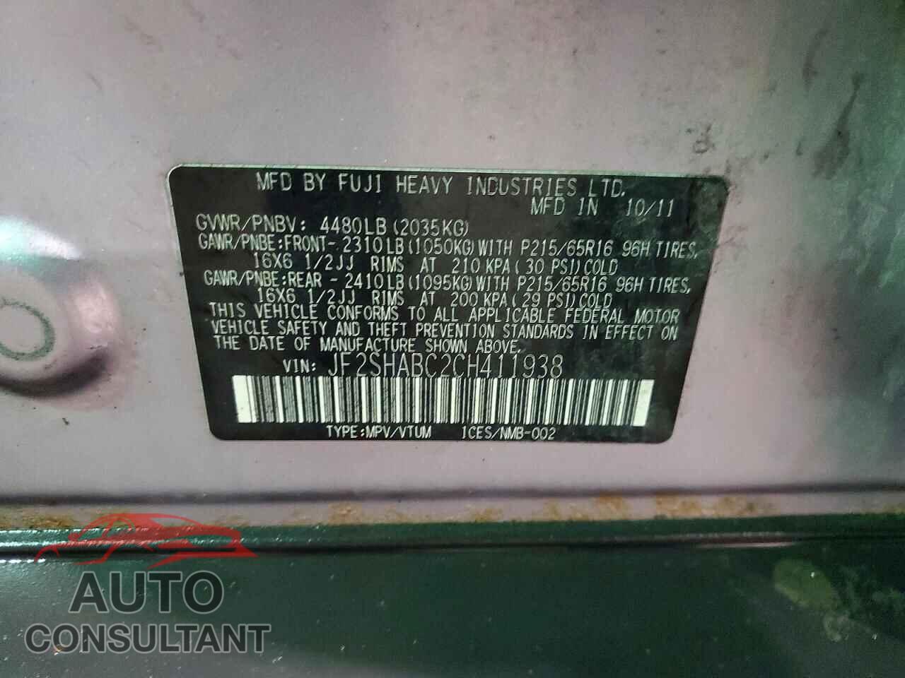 SUBARU FORESTER 2012 - JF2SHABC2CH411938