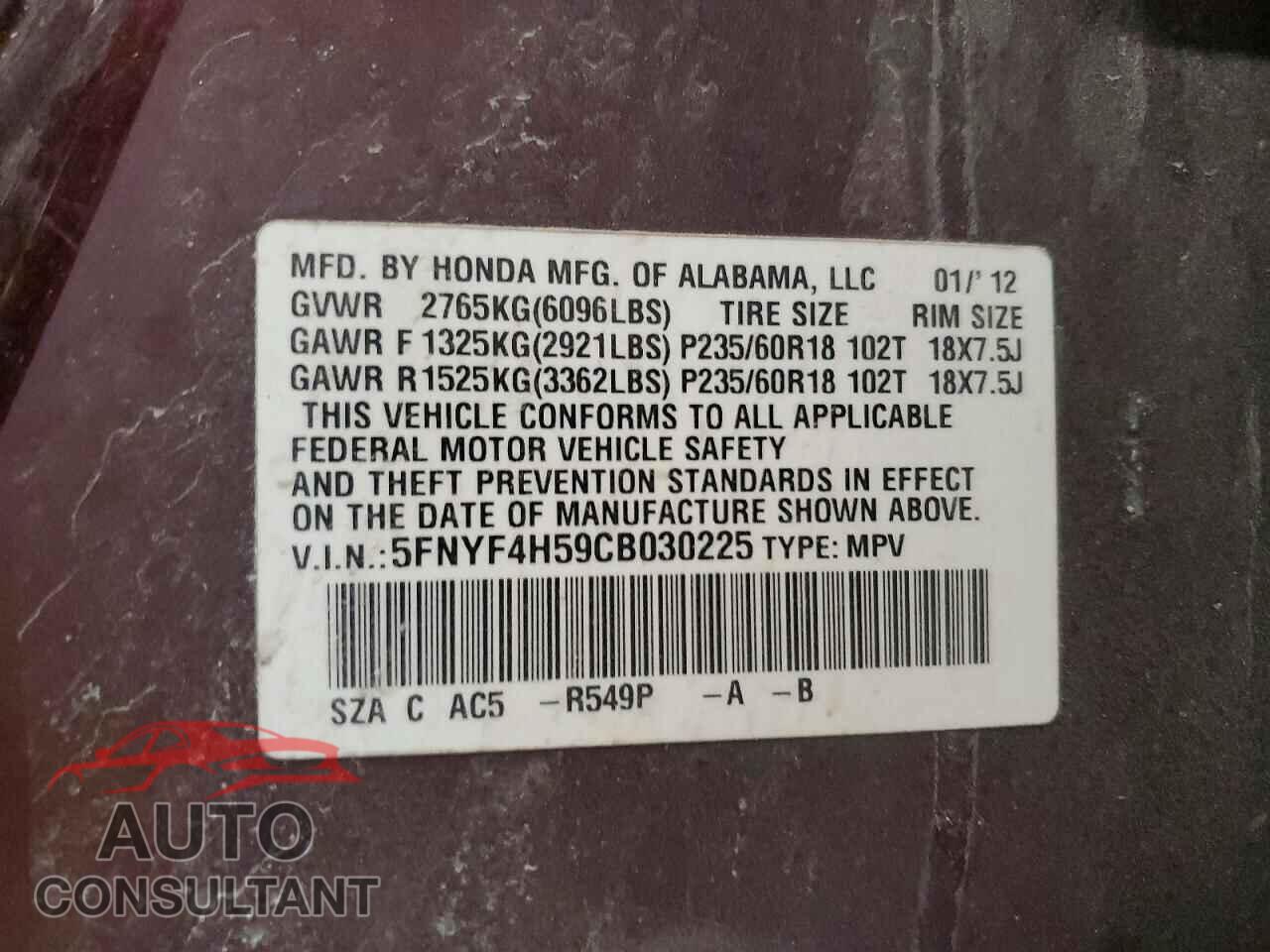 HONDA PILOT 2012 - 5FNYF4H59CB030225