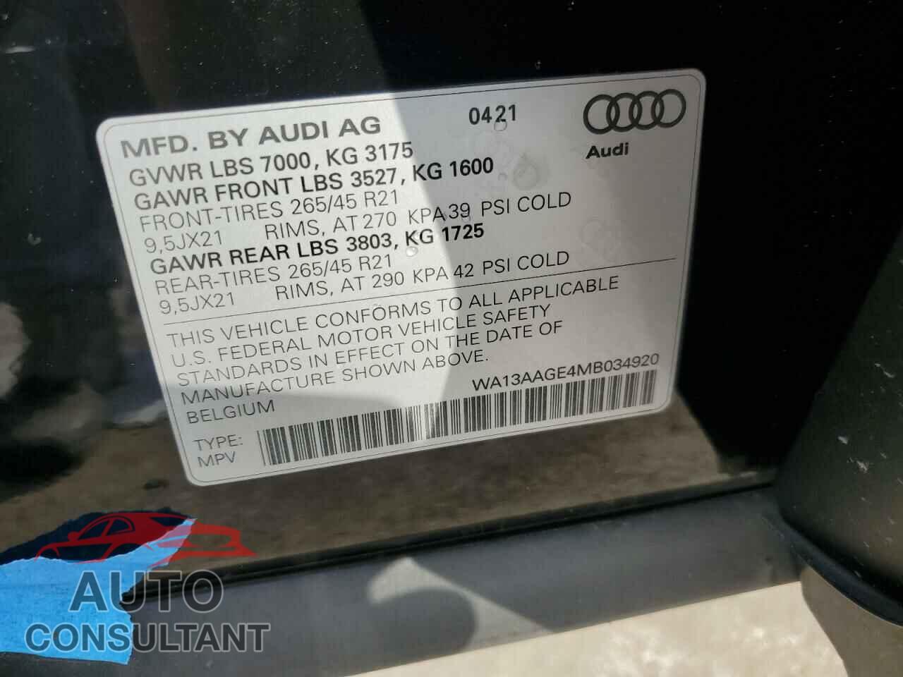 AUDI E-TRON 2021 - WA13AAGE4MB034920