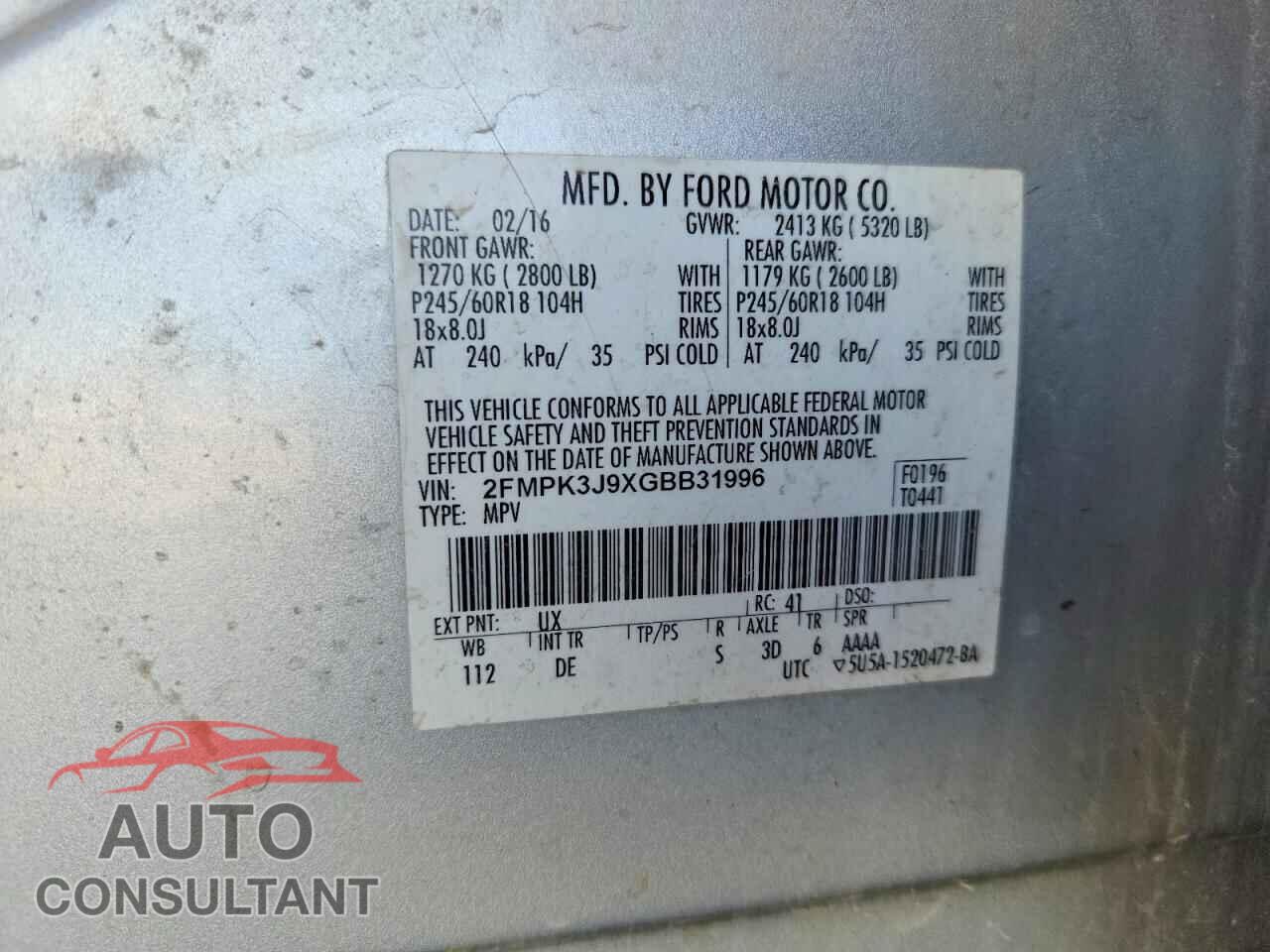 FORD EDGE 2016 - 2FMPK3J9XGBB31996