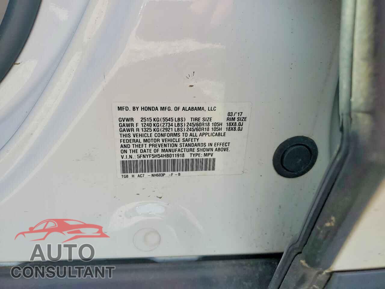 HONDA PILOT 2017 - 5FNYF5H54HB011918