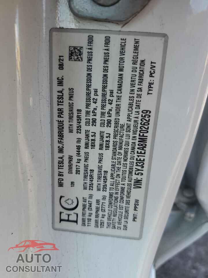 TESLA MODEL 3 2021 - 5YJ3E1EA8MF026259