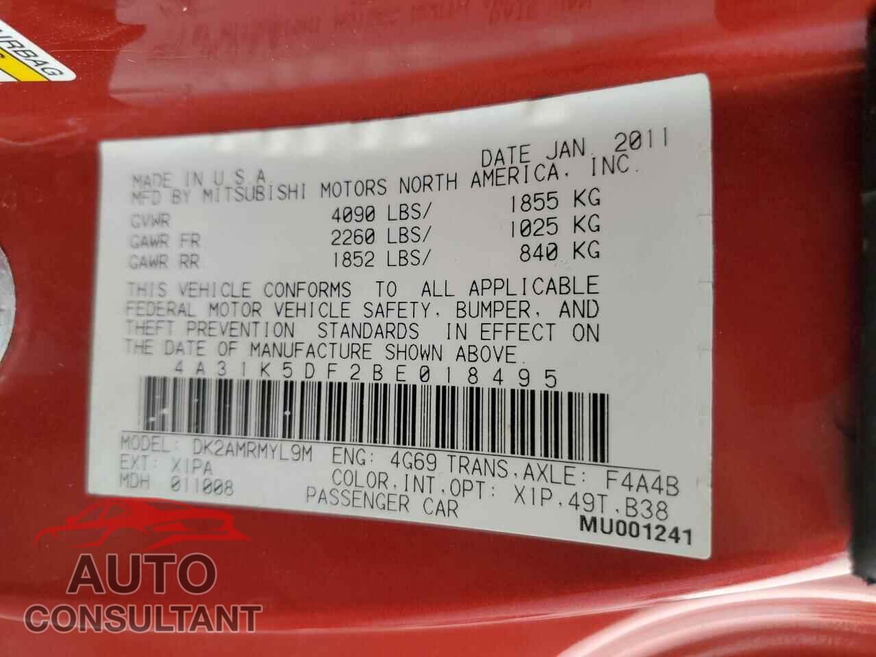MITSUBISHI ECLIPSE 2011 - 4A31K5DF2BE018495