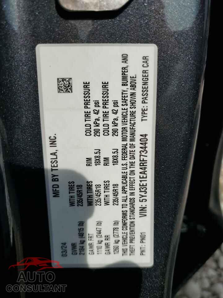TESLA MODEL 3 2024 - 5YJ3E1EA4RF734404