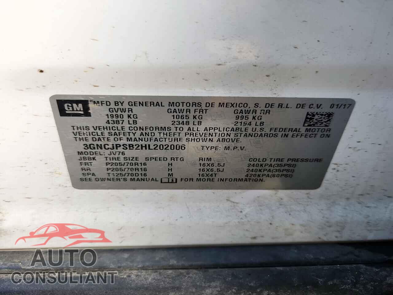 CHEVROLET TRAX 2017 - 3GNCJPSB2HL202006