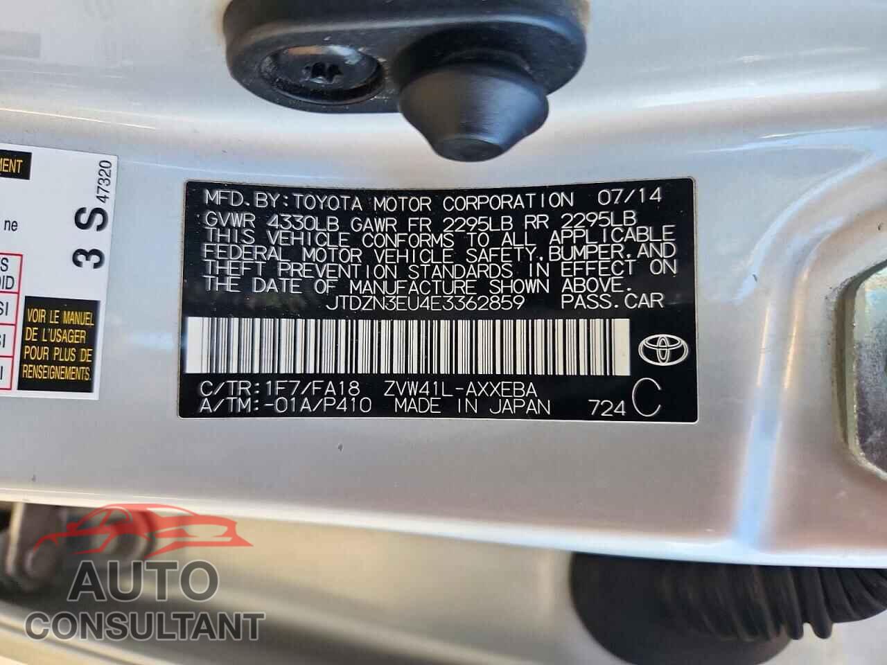 TOYOTA PRIUS 2014 - JTDZN3EU4E3362859